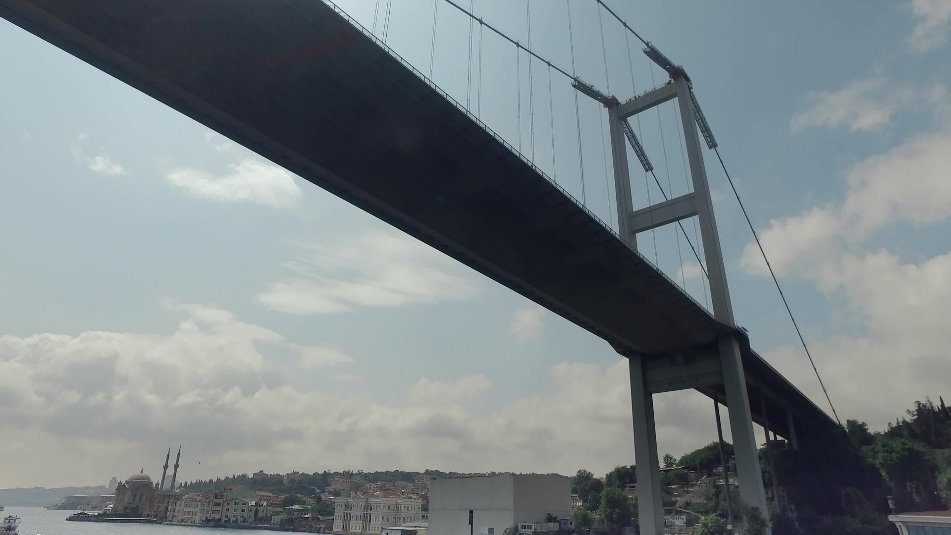 船只在博斯波鲁斯桥下航行位于伊斯坦布尔视频的预览图