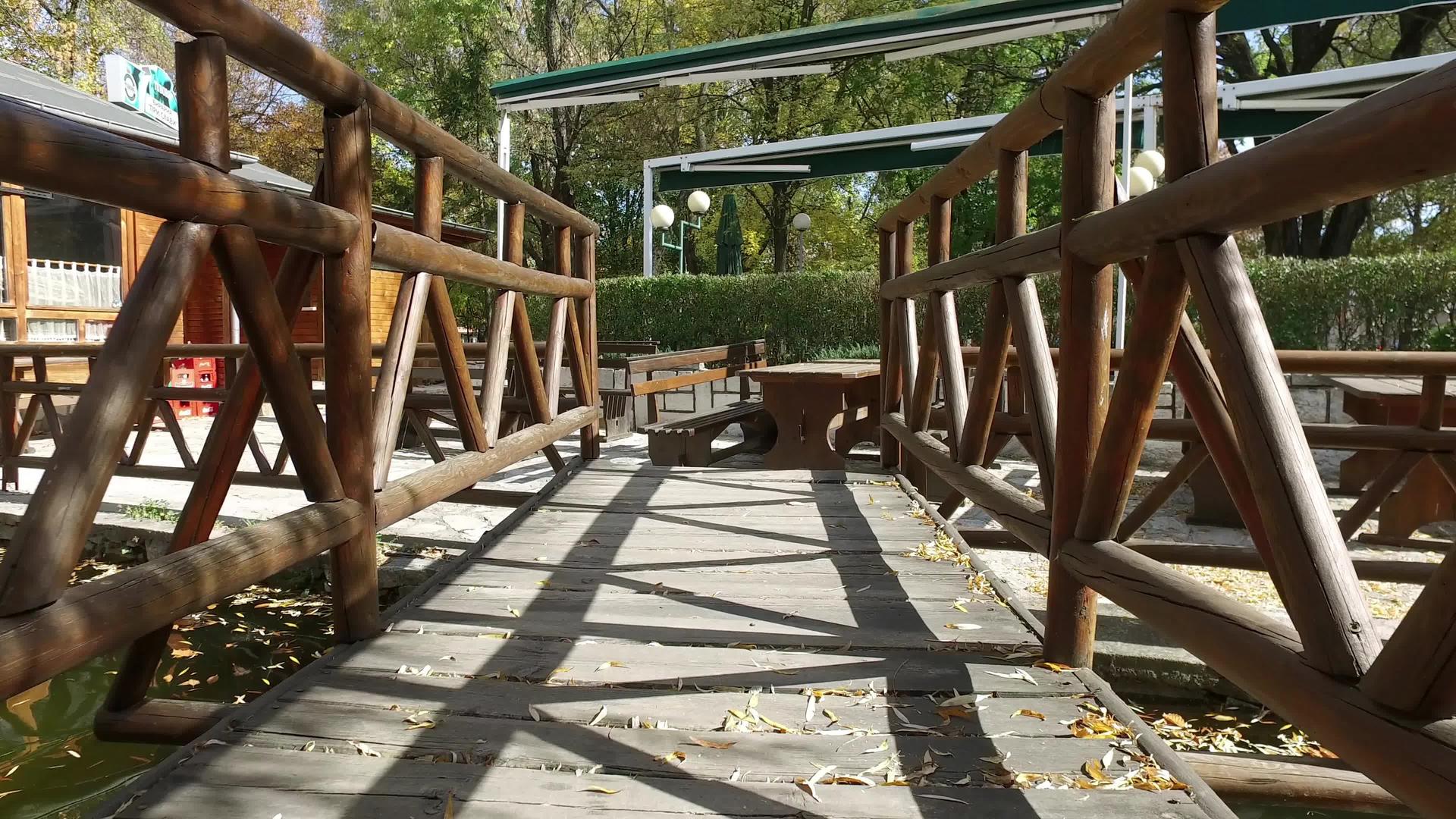 走在公园的木桥上视频的预览图
