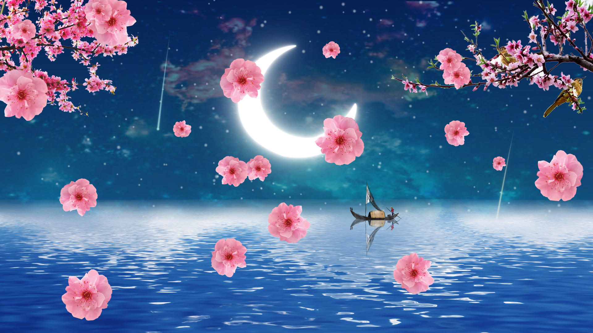唯美月色桃花飘落背景元素视频的预览图