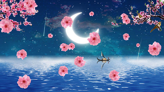 唯美月色桃花飘落背景元素视频的预览图