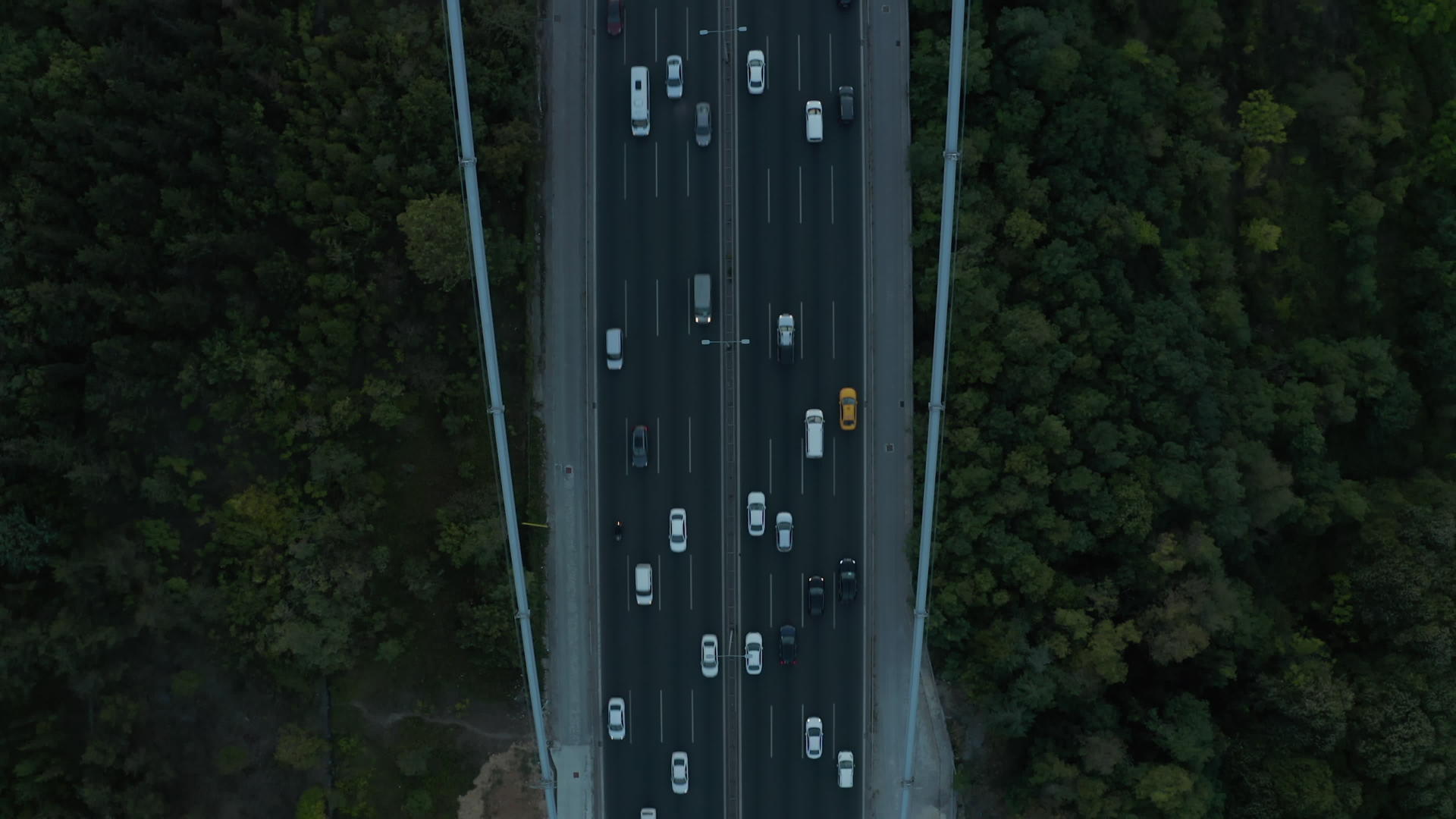 在森林和汽车交通之间开放的桥梁公路高速公路空中鸟眼视频的预览图