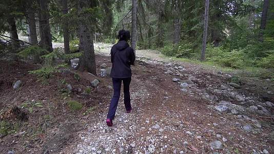 一个迷路的女人在森林里慢慢地走着视频的预览图