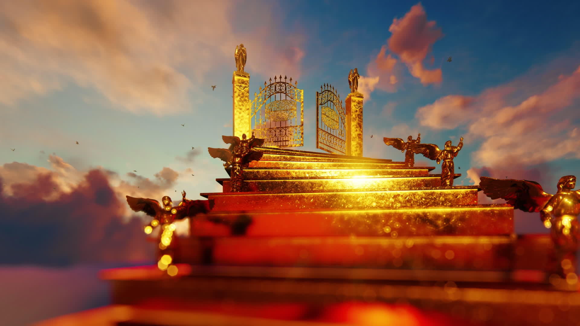天堂门的金色楼梯向魔法日落和飞鸽开放视频的预览图