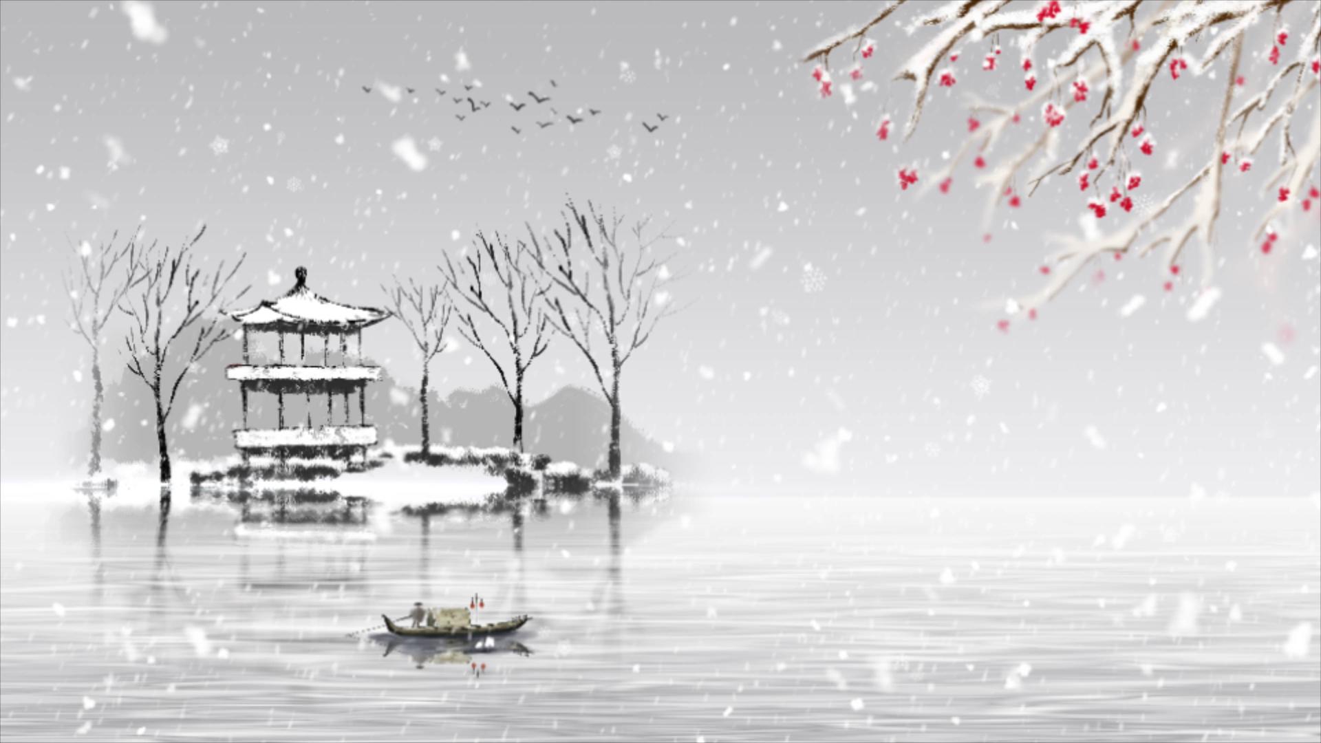 水墨国风漫天雪花落梅飞鸟山水枯树流浪小雪大雪节气背景视频的预览图