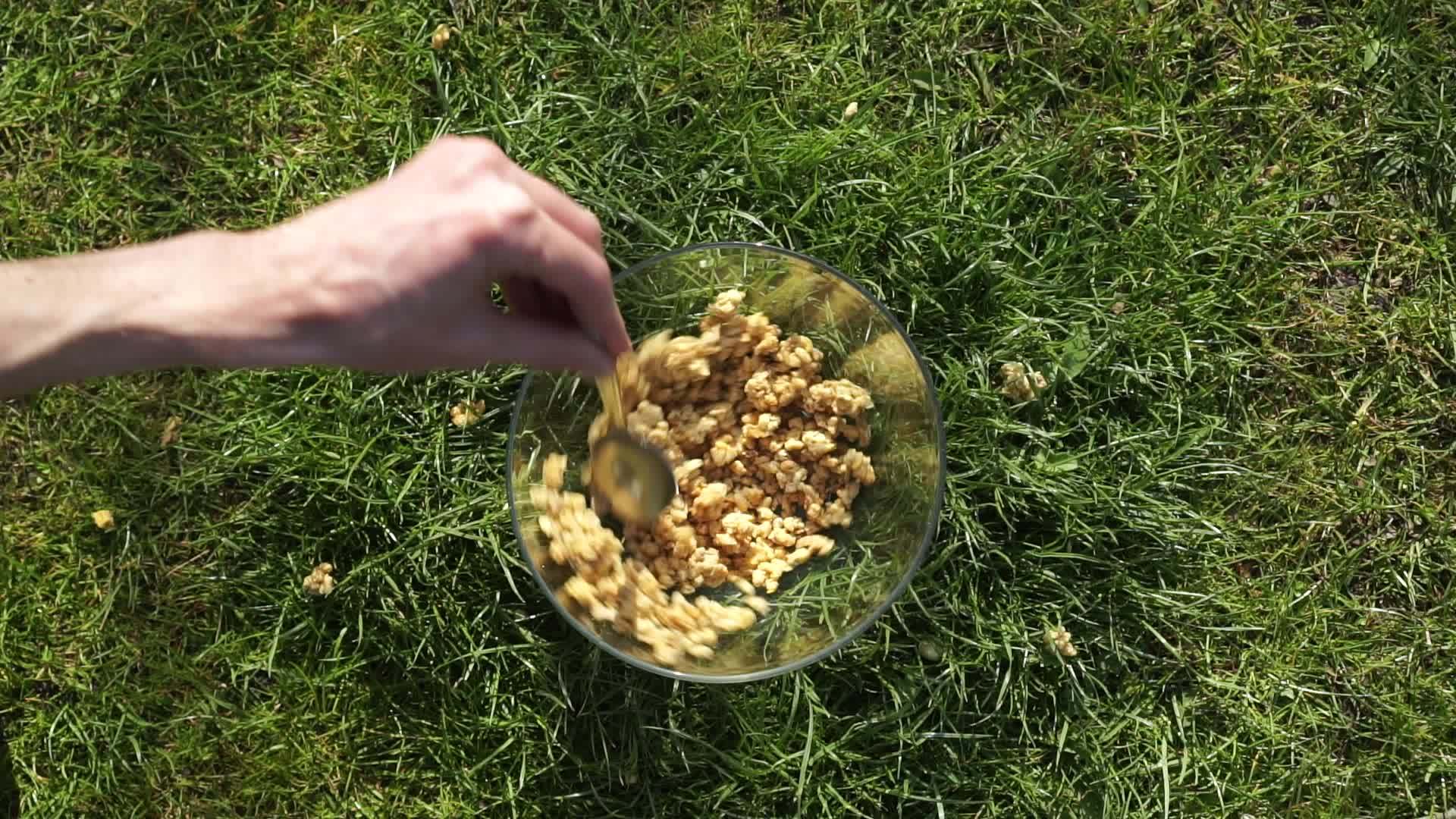 白种人用勺子搅拌谷物在绿色草坪上慢慢移动透明玻璃视频的预览图