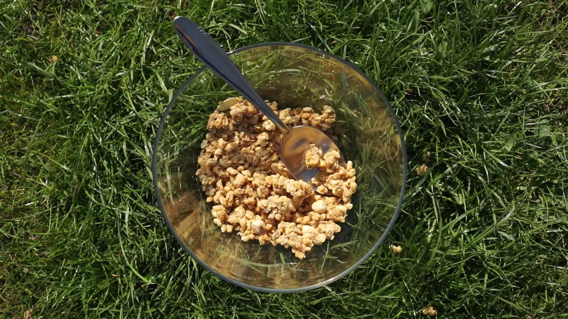 汤匙被扔进麦片里在绿色草坪顶部的玻璃透明碗杯里加入坚果视频的预览图