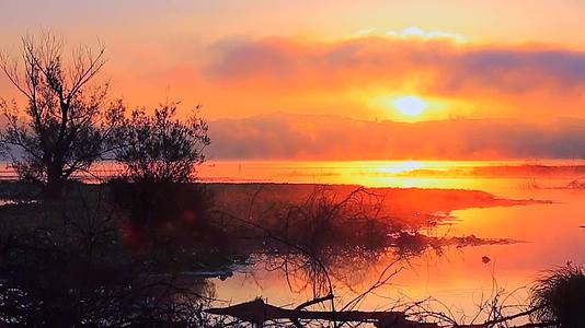 湖面上的日出是意大利的一个夏日雾蒙蒙的早晨视频的预览图