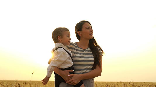 母亲和儿子在日落时在麦田里散步视频的预览图