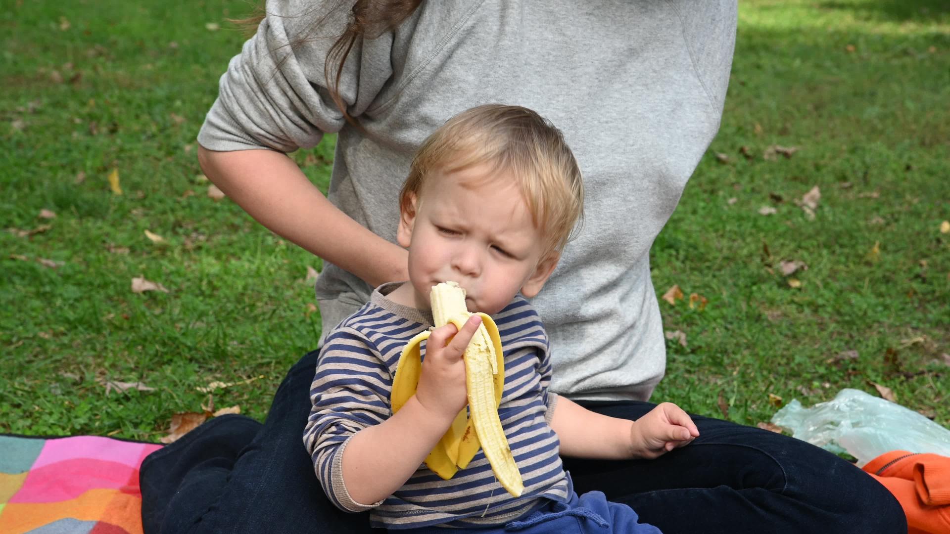 小男孩野餐时吃香蕉视频的预览图