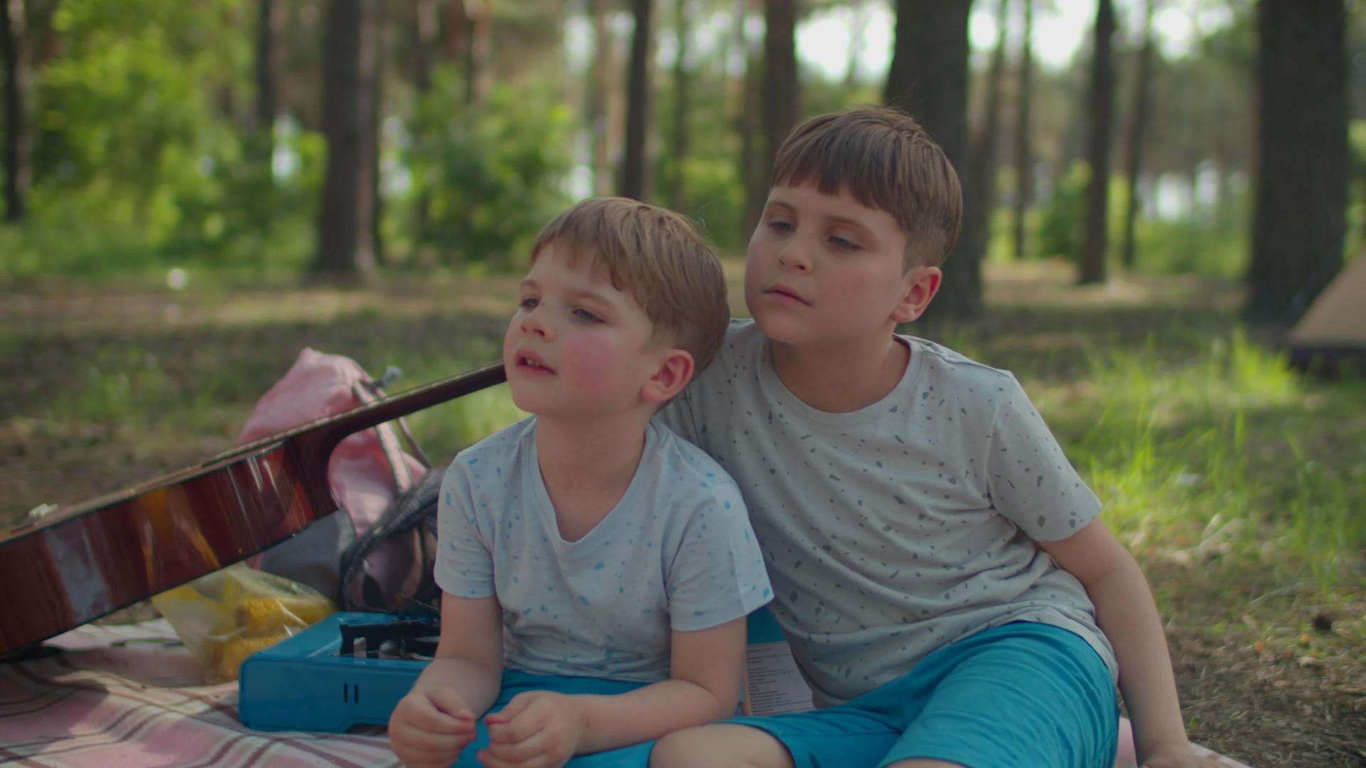 两兄弟坐在野餐毯上在森林里度假在家庭野营视频的预览图