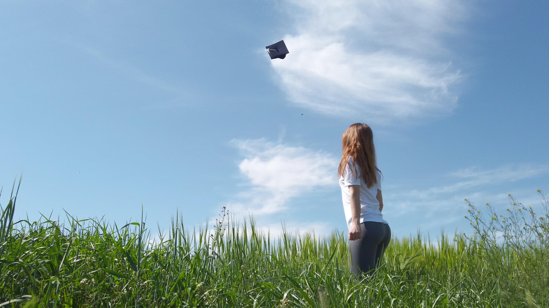 只是一个毕业的女孩把帽子扔进了一片绿色的绿色天空中的空气中视频的预览图
