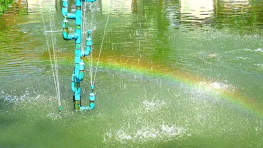 池塘里的喷泉管和水面上的彩虹管视频的预览图