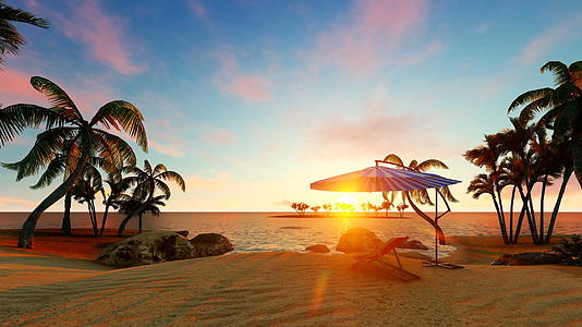 日落时沙滩上的椅子和雨伞视频的预览图