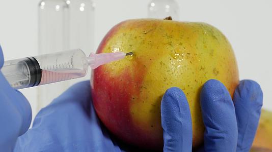 戴手套的女性使用注射器对水果进行基因改造视频的预览图