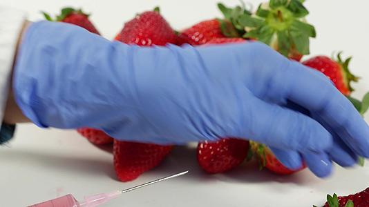 戴手套的女性使用注射器对水果和蔬菜进行基因改造视频的预览图