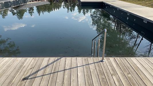 在松树林的游泳池旁阳光明媚的木甲板上护栏的长影在肮脏中视频的预览图