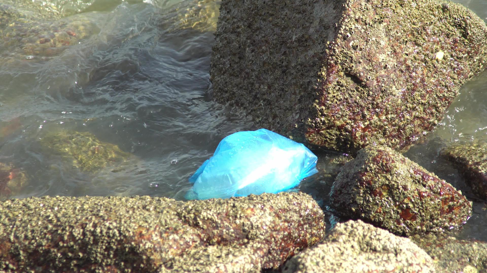 岩石上的蓝蓝色塑料废物视频的预览图