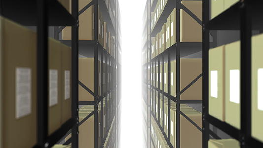仓库无人机扫描金属架纸板箱上的二维码动画视频的预览图