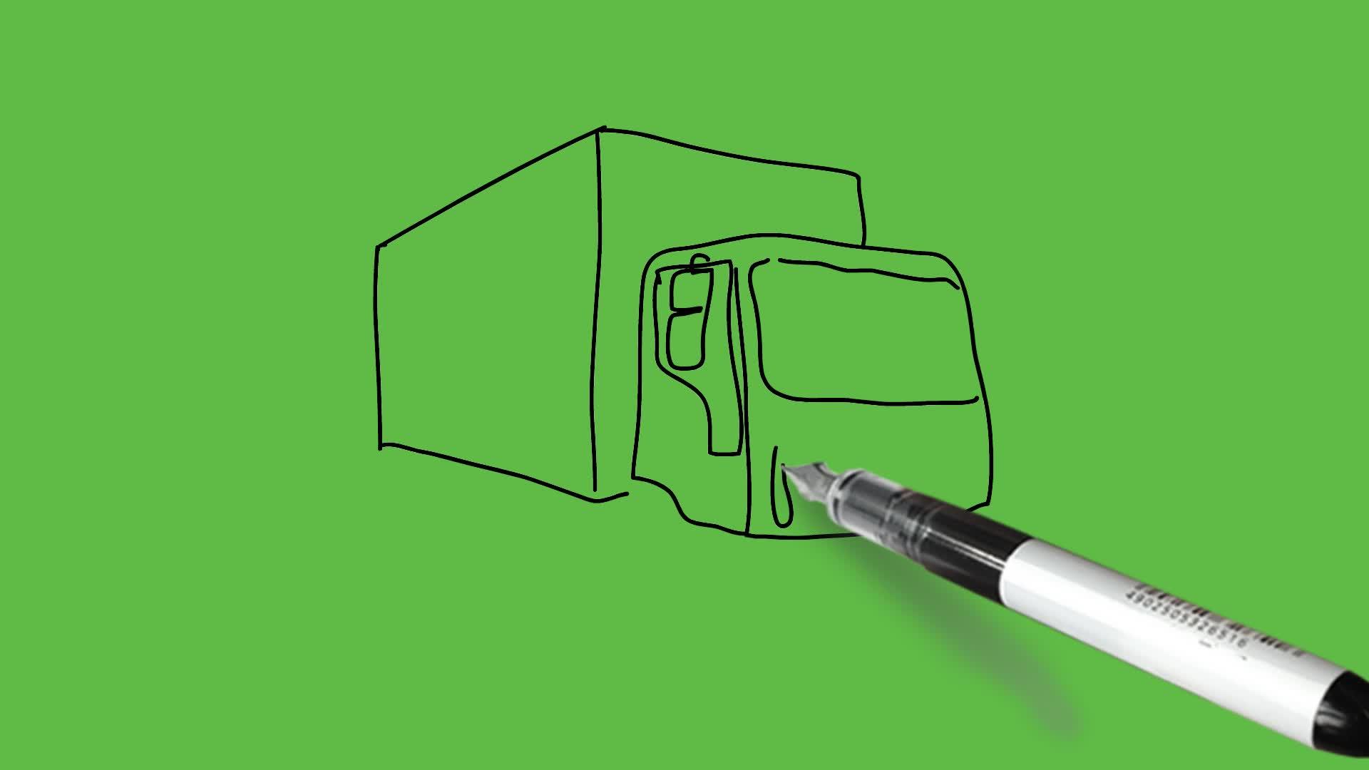 在抽象的绿色背景上画出黑色和蓝色的运输卡车视频的预览图