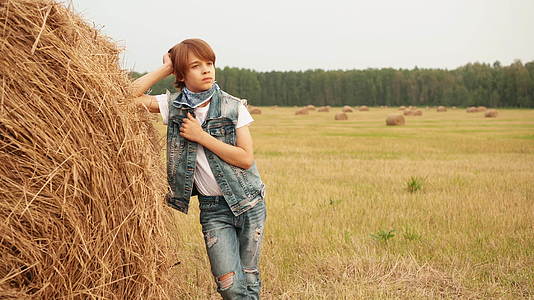 少年男孩靠在田里的干草堆上视频的预览图