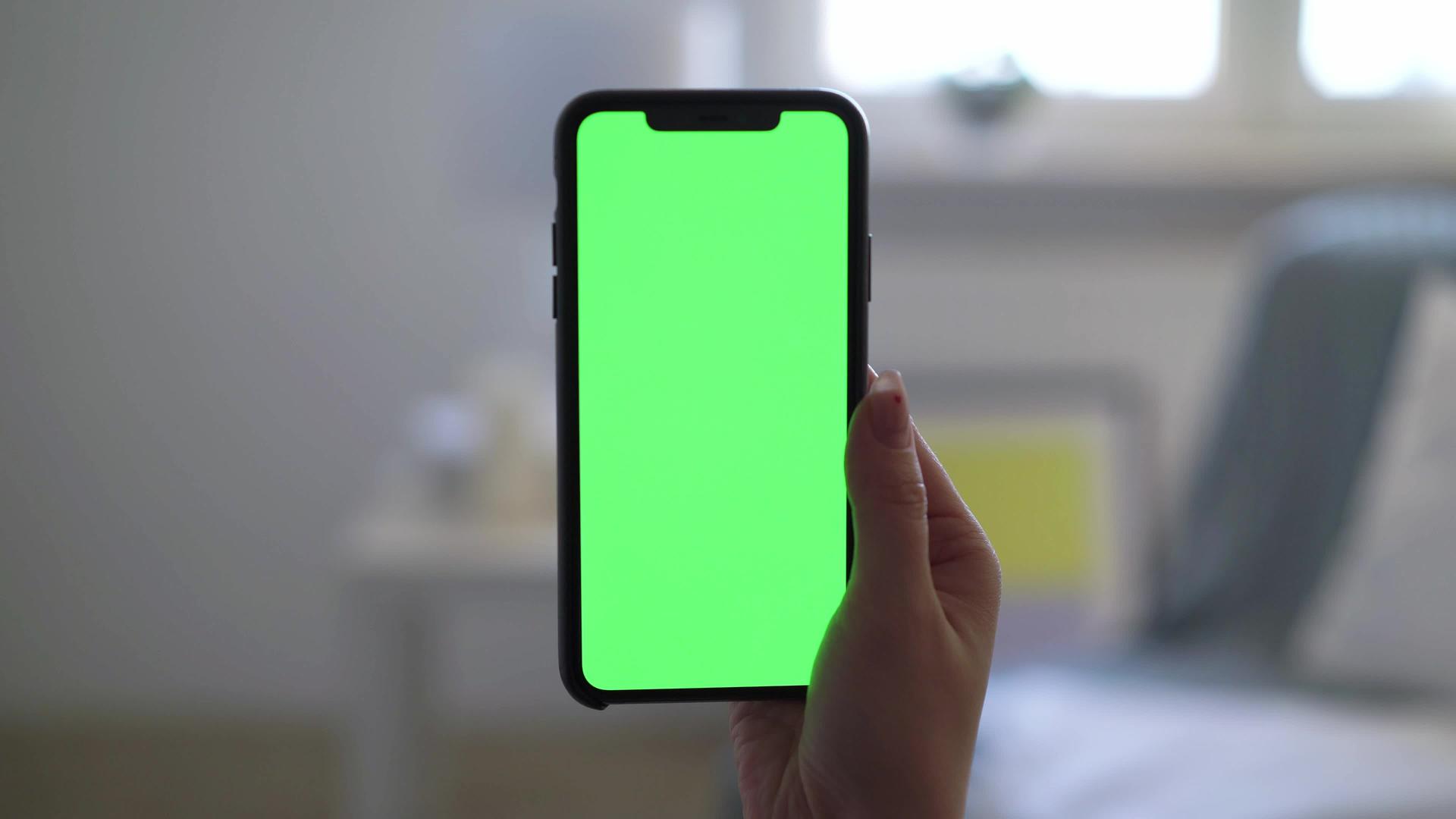 智能智能手机女性手持绿色屏幕显示铬使用视频的预览图