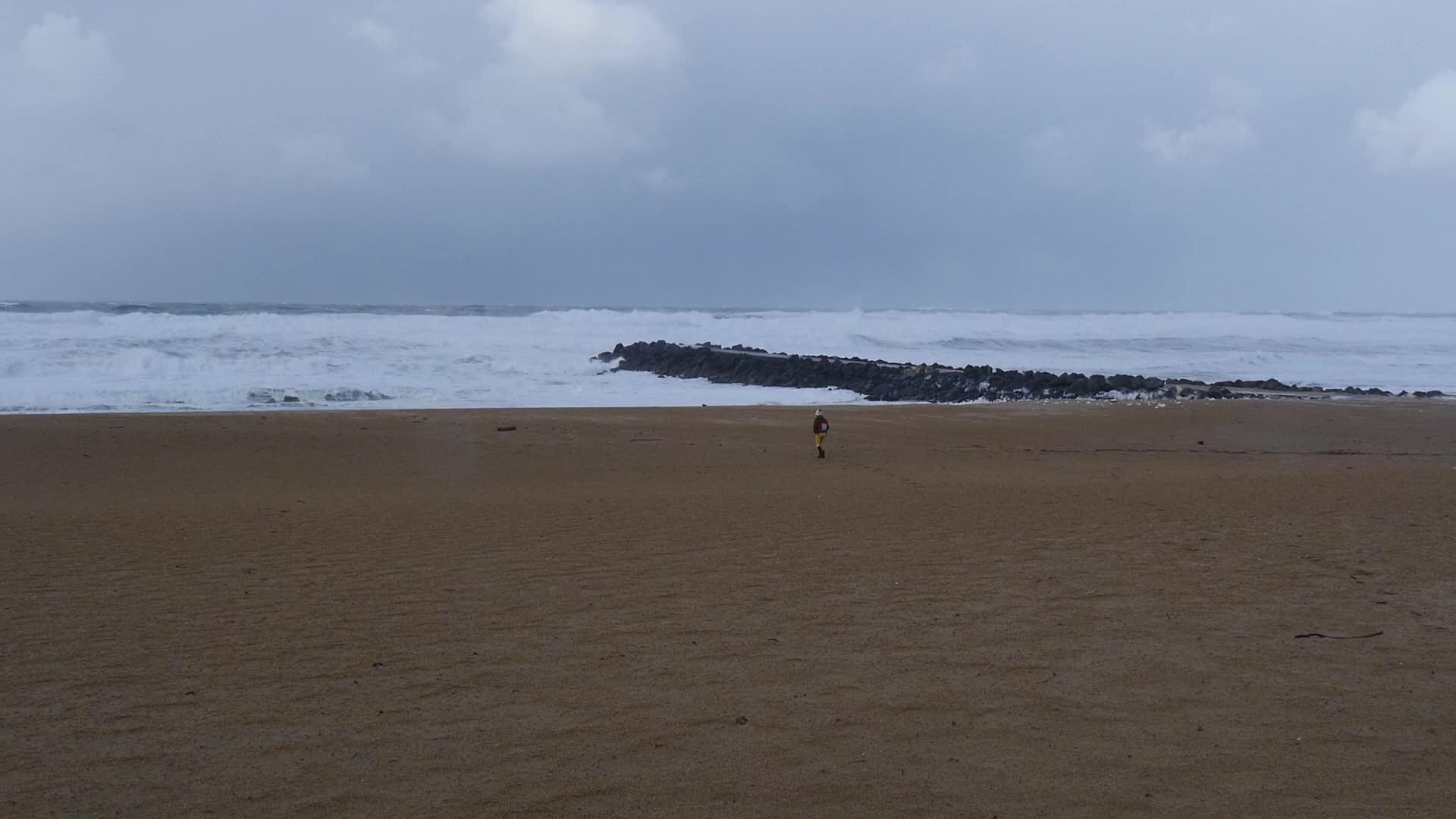 女人在海滩上行走暴风雨中视频的预览图