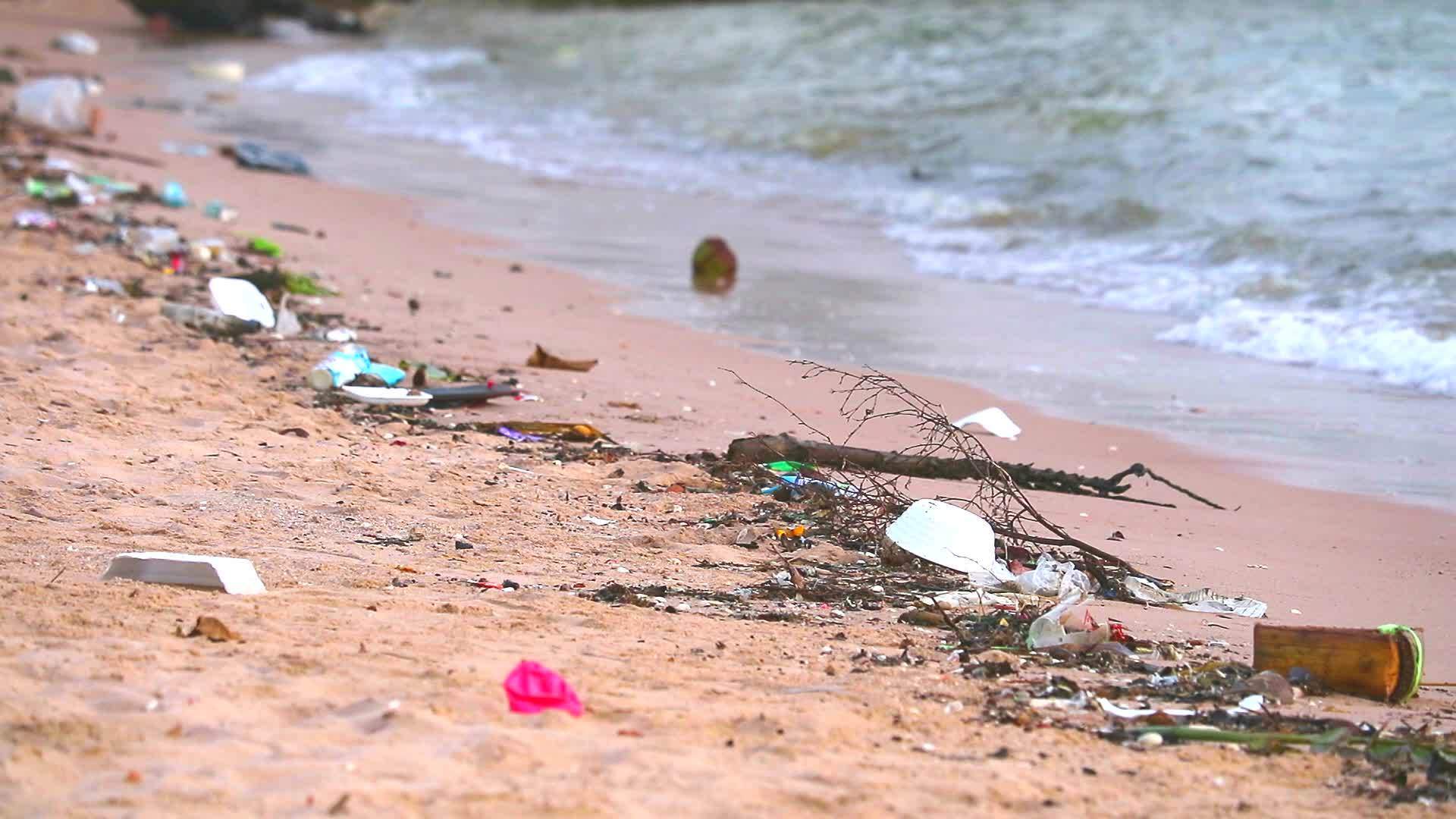 海边的日落海滩上有塑料和废物海浪把它们吹进海里视频的预览图
