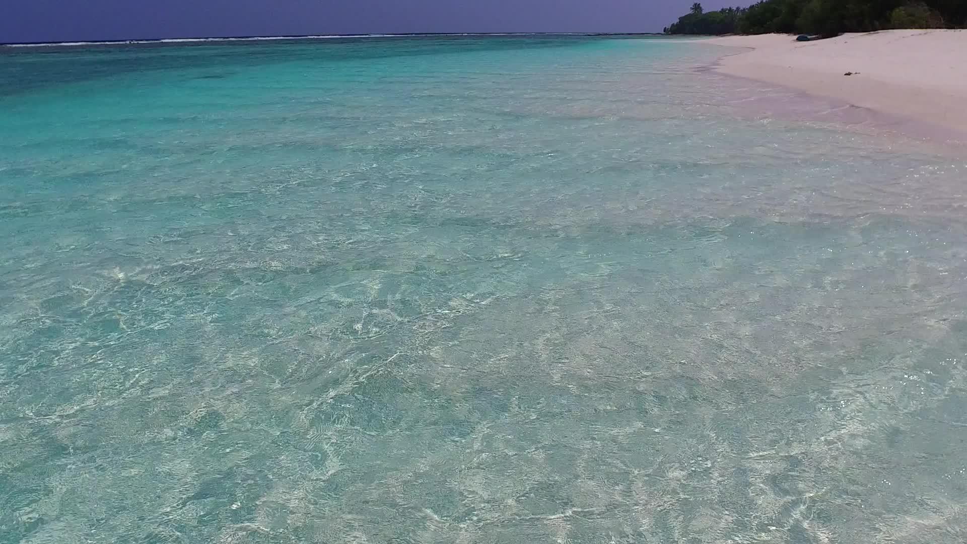 乘坐蓝色绿色环礁湖和棕榈树附近的白色沙滩视频的预览图