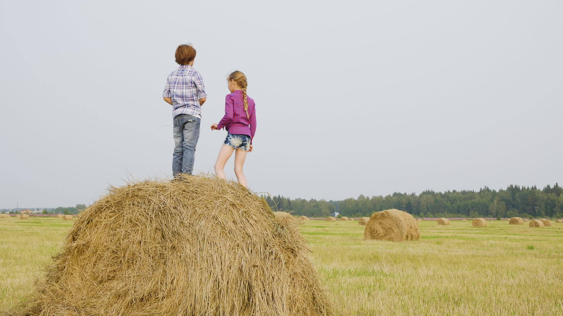 在农村收割场的干草堆上浪漫的情侣依靠青少年女孩和男孩视频的预览图