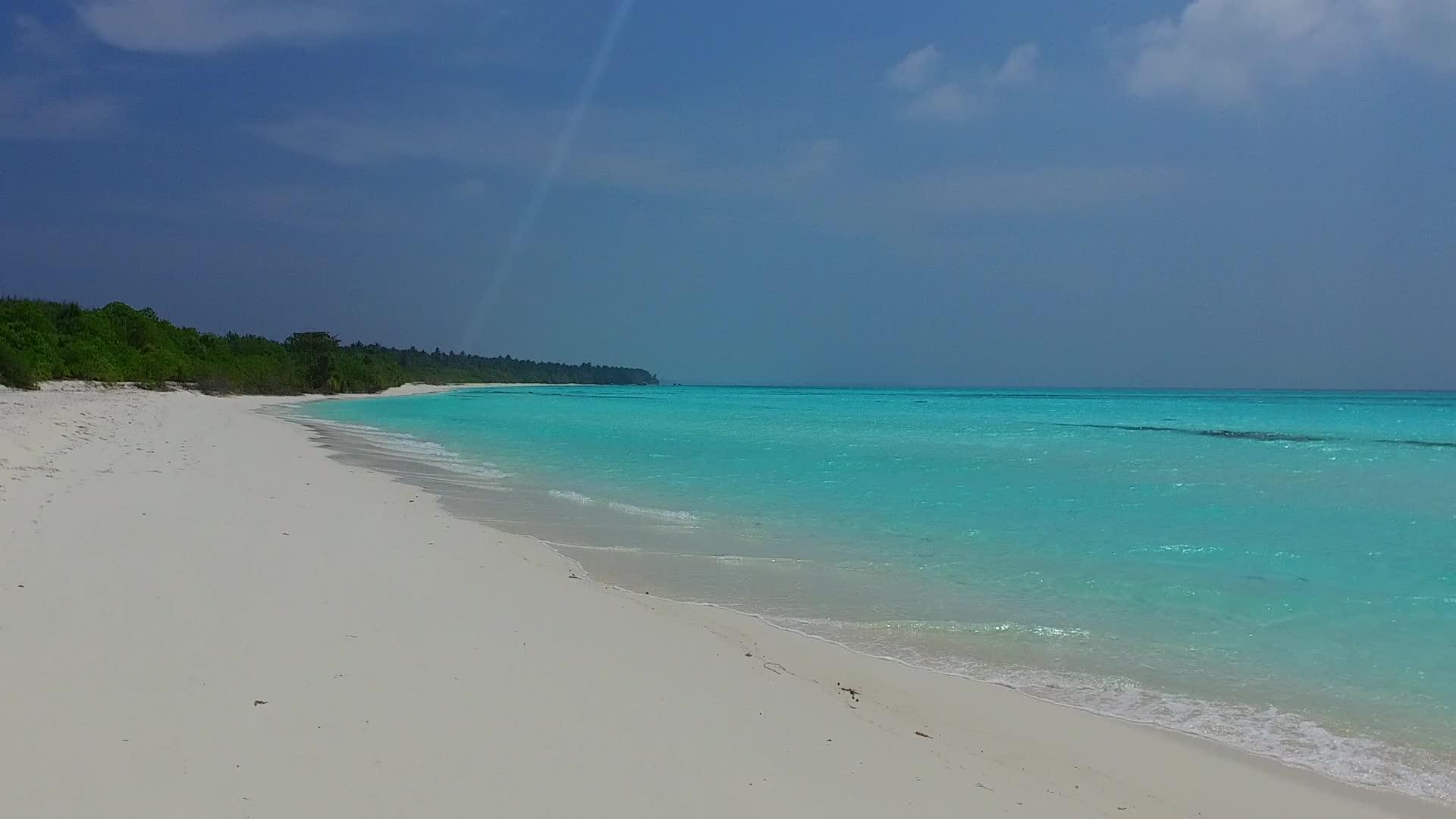 蓝绿色的海洋和棕榈树附近的白沙背景天际天堂环礁湖海滩假日视频的预览图