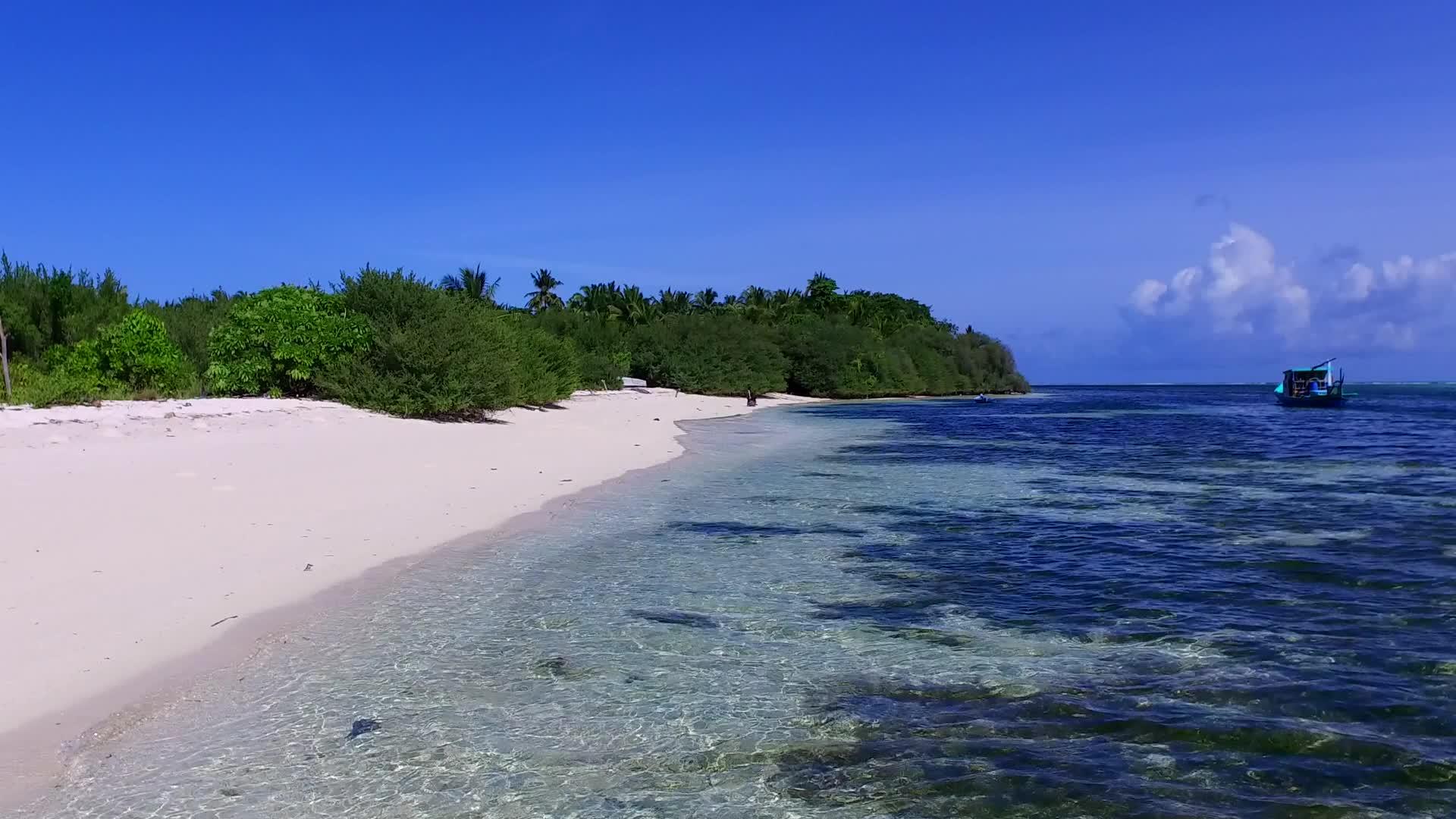以浅海和海浪附近的清洁海滩为例密切观察旅游海滩的背景视频的预览图