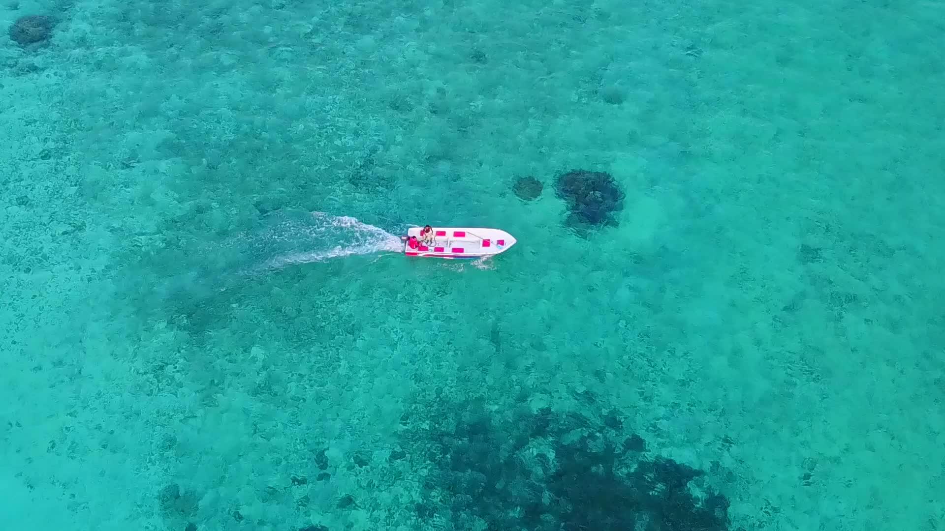 阳光明媚的豪华海湾海滩在蓝色海洋中冲出珊瑚礁视频的预览图