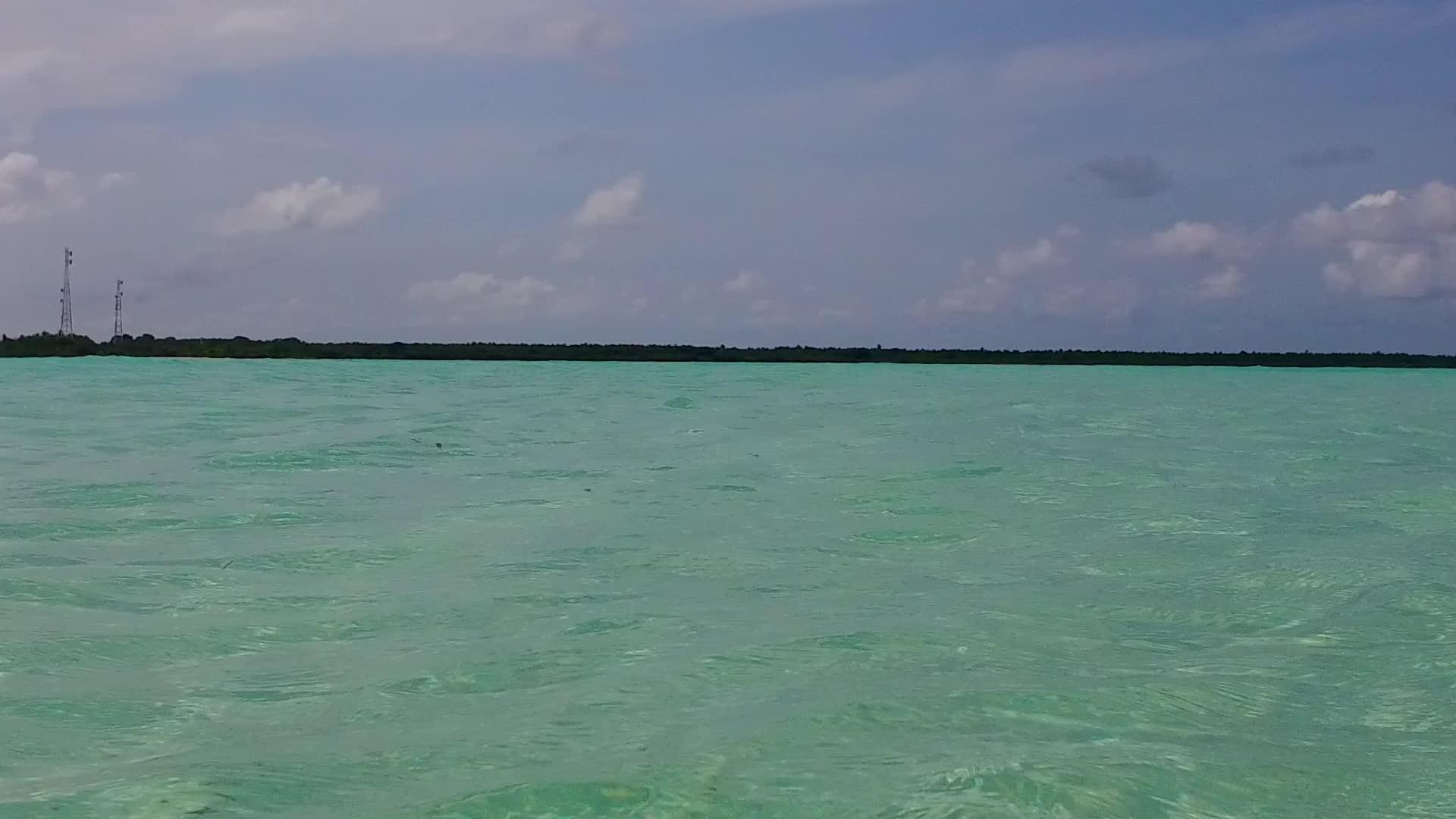 蓝色环礁湖位于棕榈树附近有白沙背景在海边旅行时放松海岸线视频的预览图