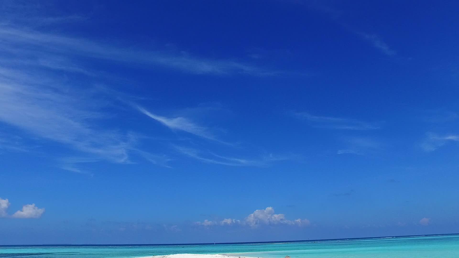 奇异度假胜地海景的宽角海景是棕榈树附近的白沙底蓝水视频的预览图
