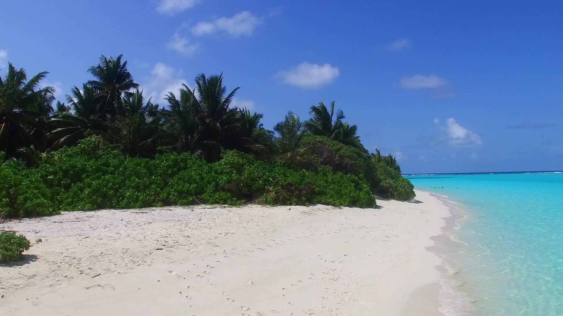 阳光明媚的豪华岛屿海滩有蓝色的海平面和阳光下的白色海滩视频的预览图