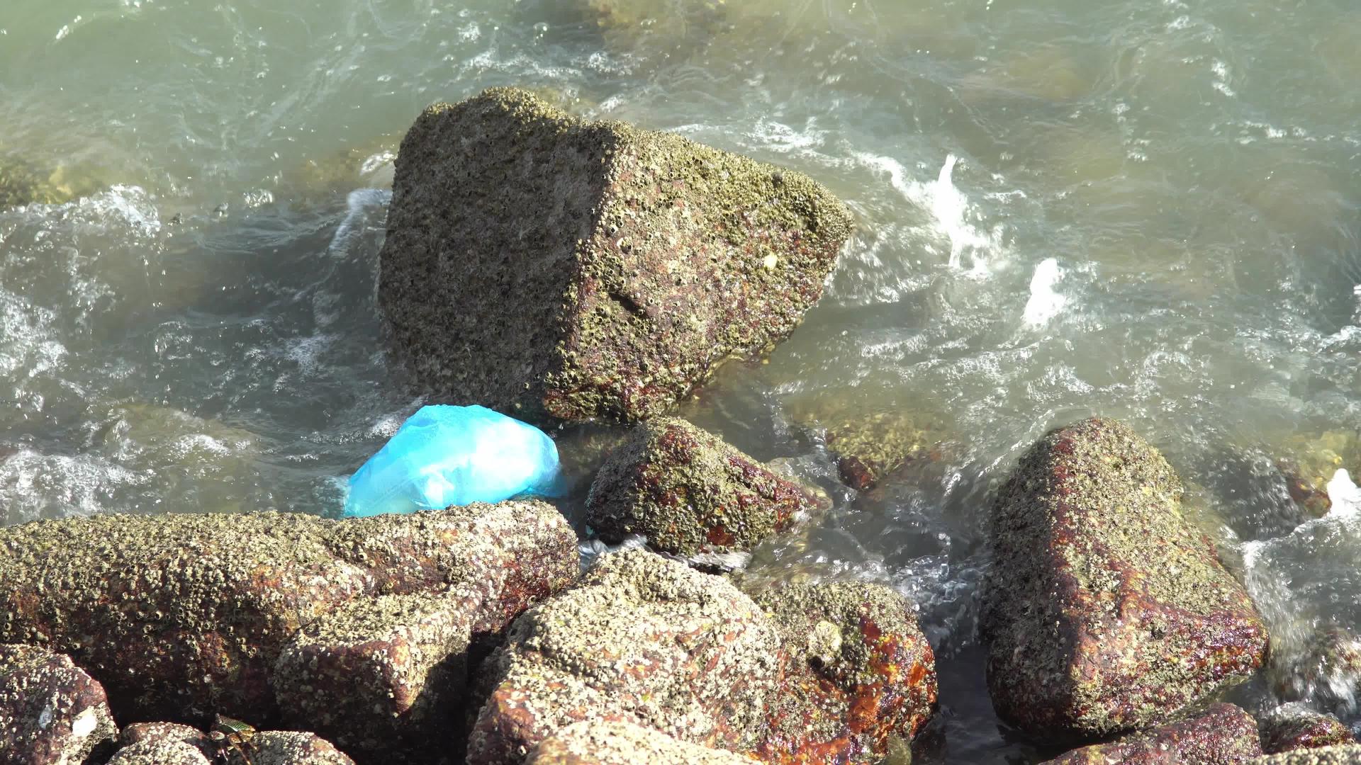 丢弃在岩石上的塑料袋视频的预览图