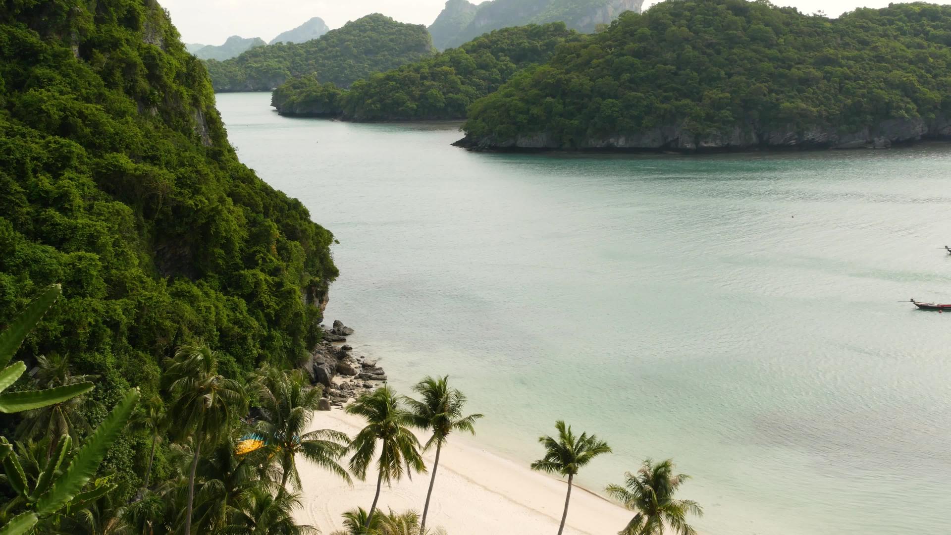 绿色丛林附近平静的海面泰国安通天堂国家公园宁静的海洋视频的预览图