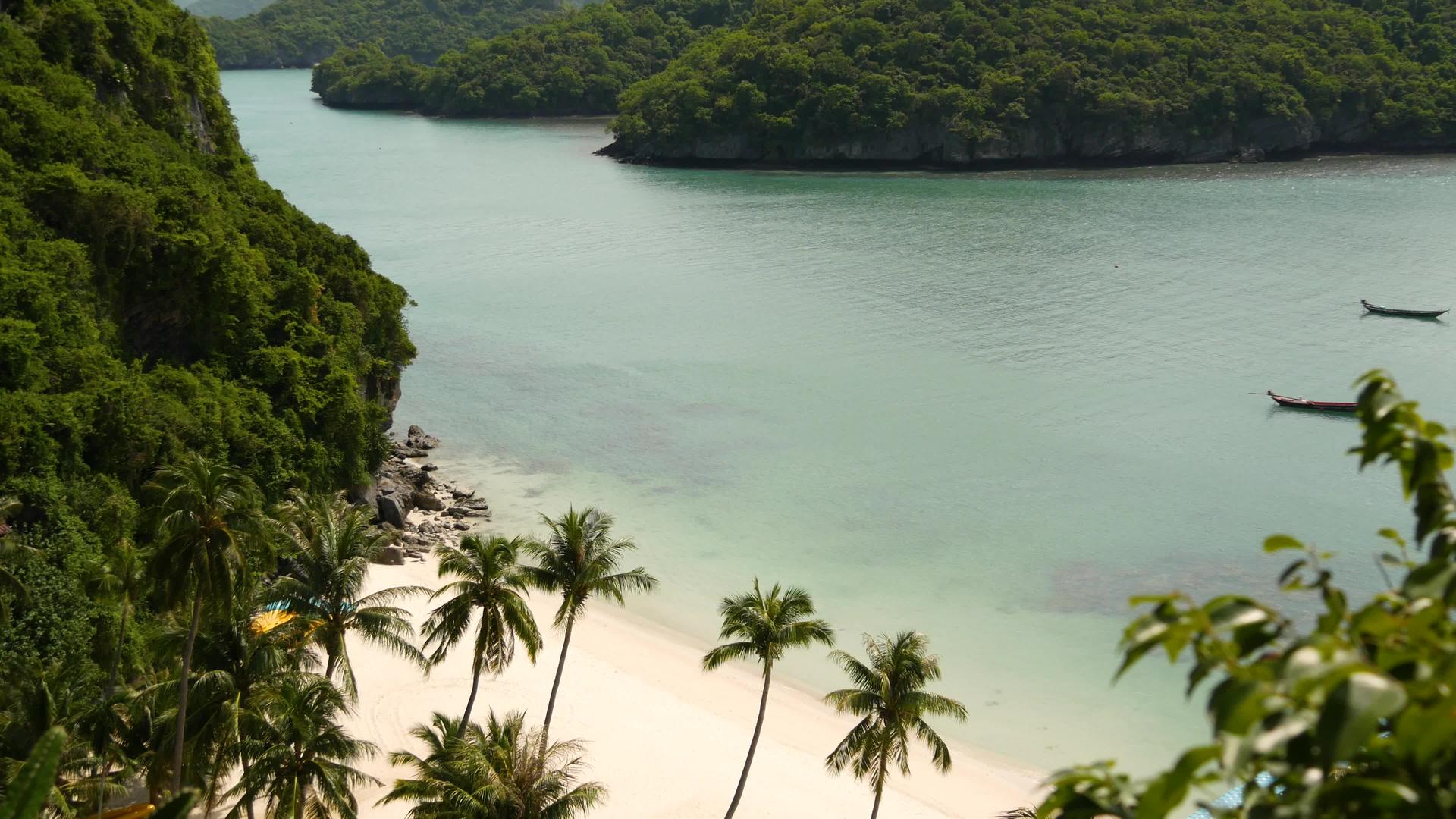 绿色丛林附近平静的海面泰国安通天堂国家公园宁静的海洋视频的预览图
