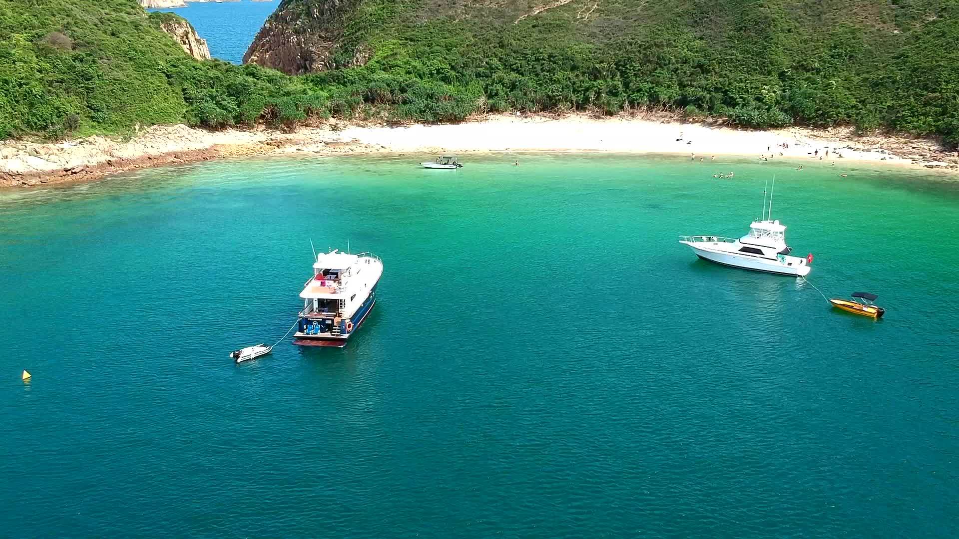 游艇和游泳者在海湾附近的无人驾驶场景视频的预览图