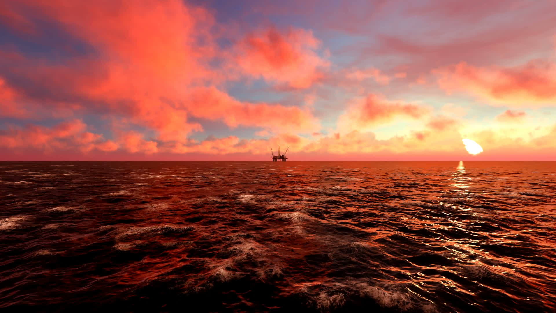 日落时石油钻井平台在海上迅速关闭视频的预览图
