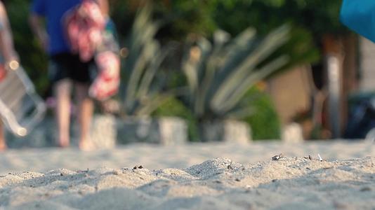 夏季暑假概念沙滩沙和模糊的人在背景中行走视频的预览图