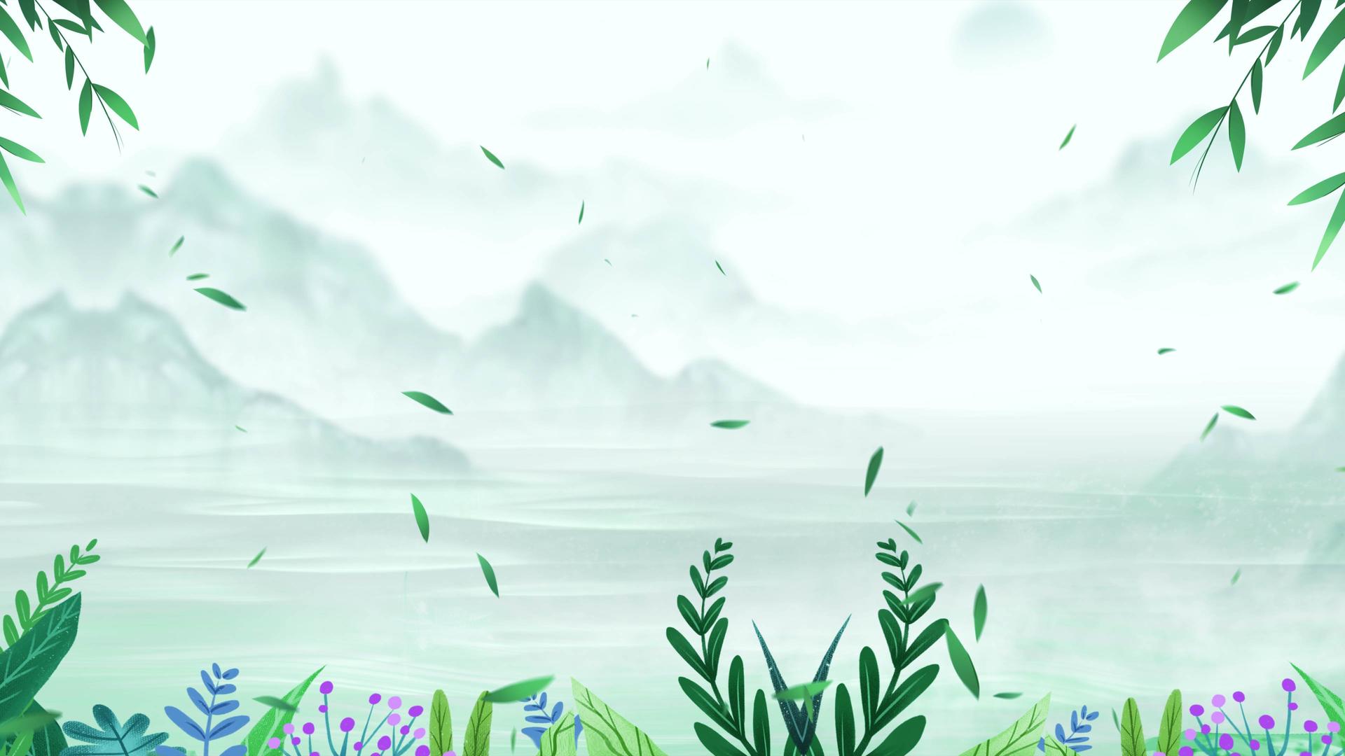 美丽的绿色调山水绿植飘叶春分背景视频的预览图