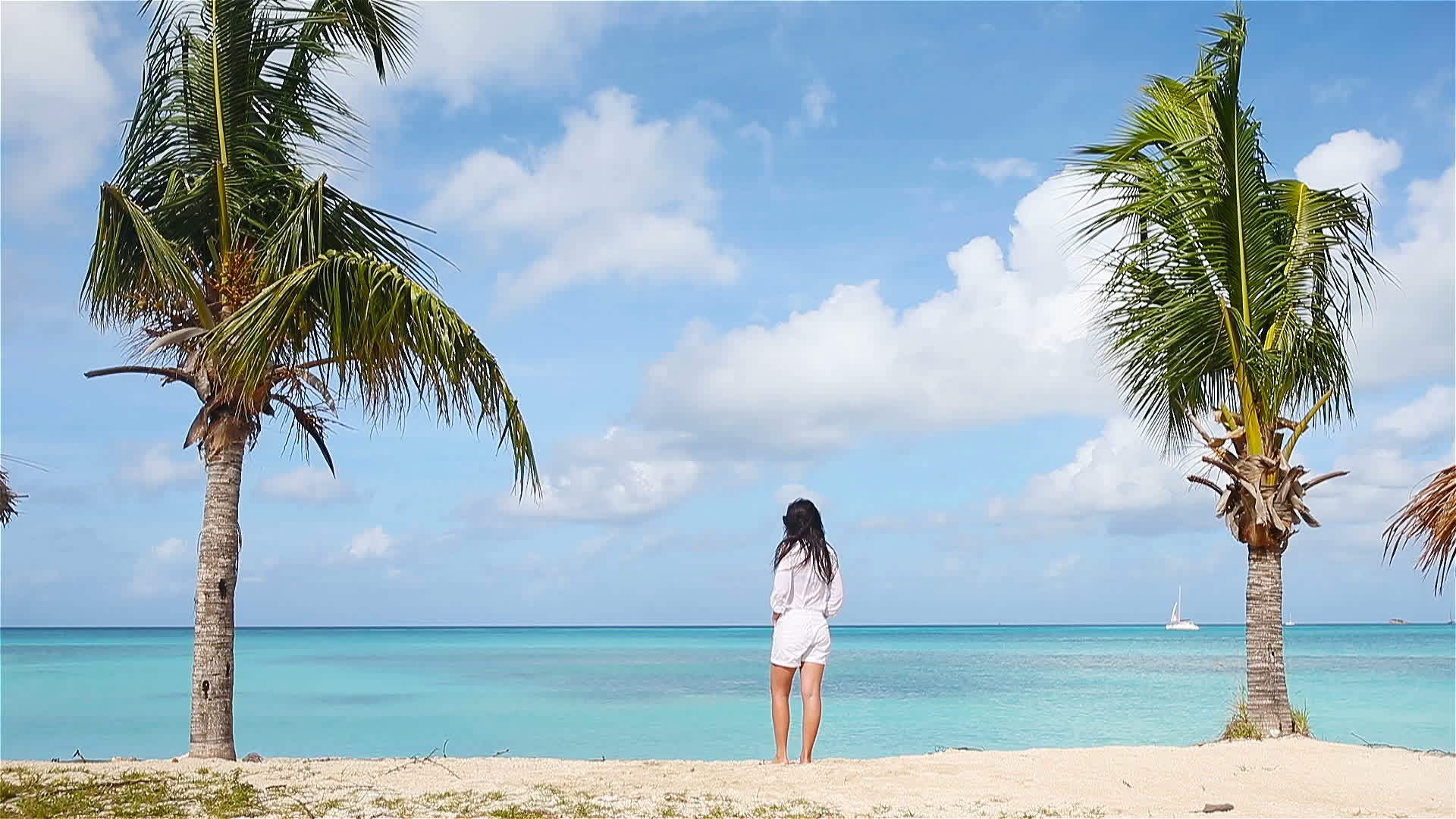 热带海岸的年轻美女快乐的女孩蓝天和海中的绿石水视频的预览图