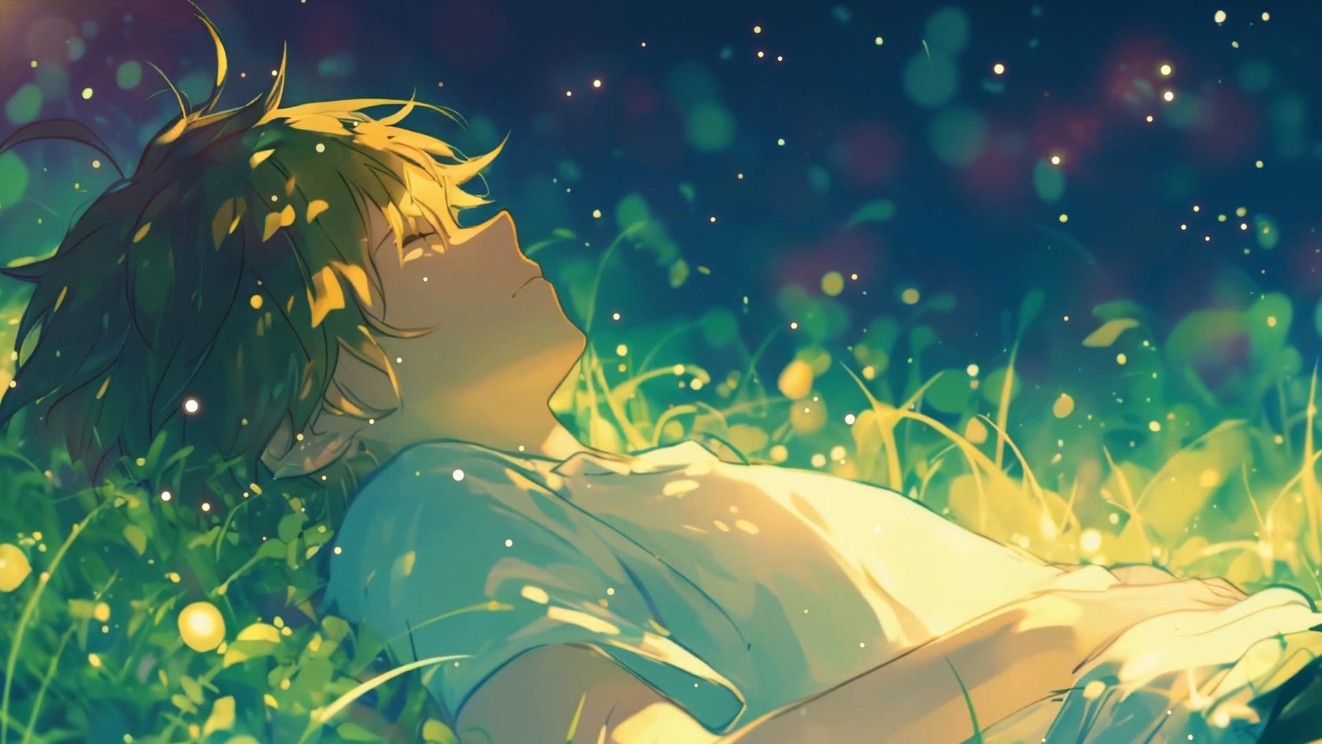 春暖花开的卡通男孩躺在草地上欣赏星空视频的预览图
