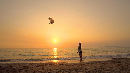 快乐的年轻男孩日落时在海滩上放风筝视频的预览图
