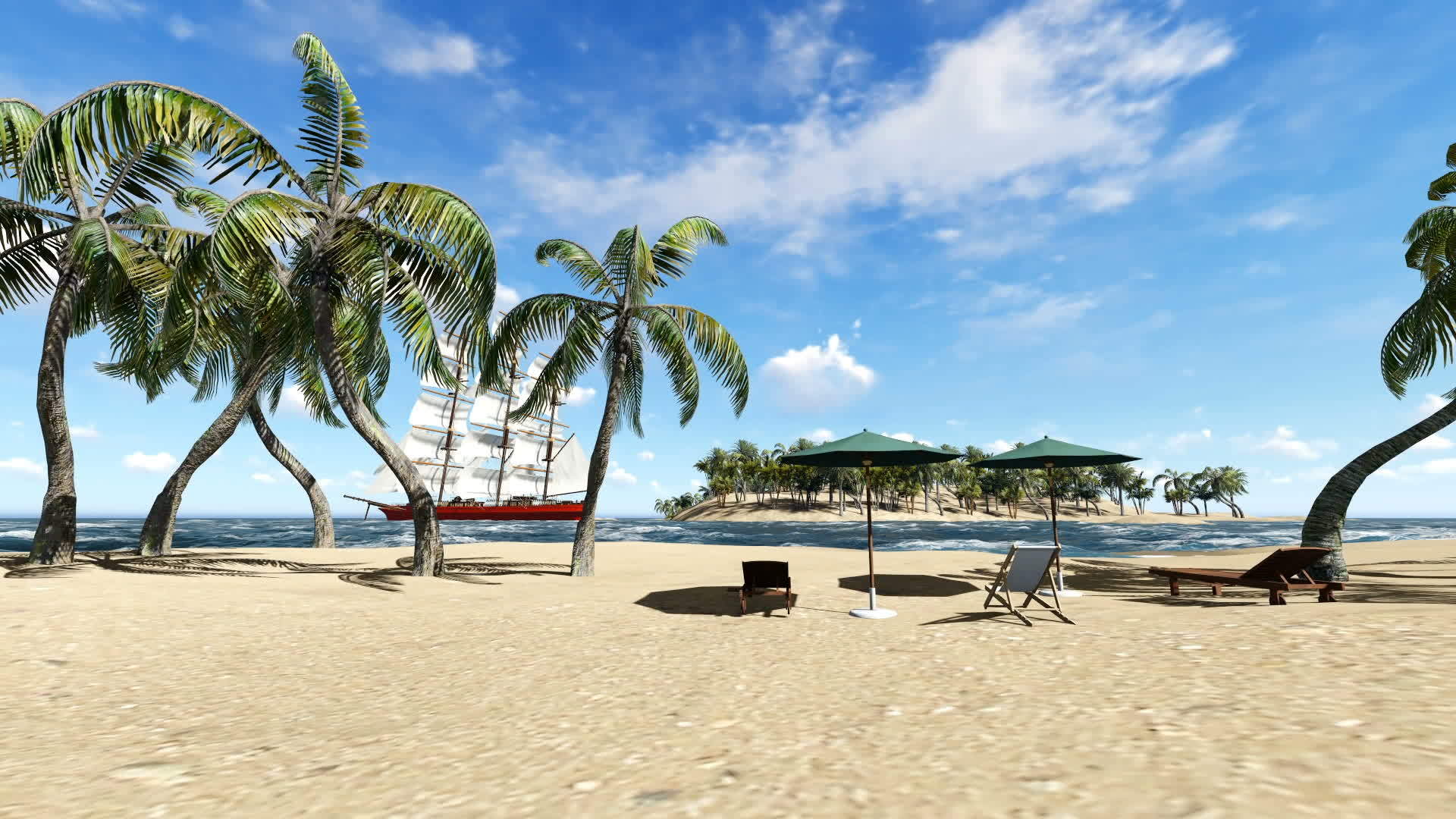太阳椅和伞在美丽的海滩上视频的预览图