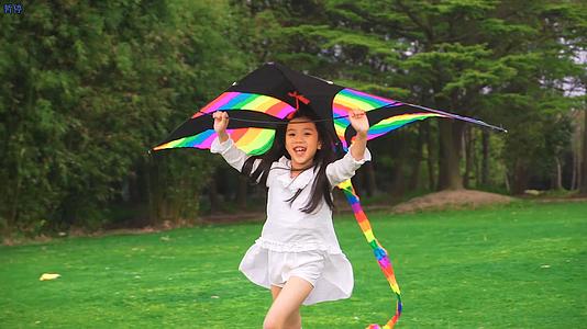 小女孩拿着风筝在草地上跑视频的预览图