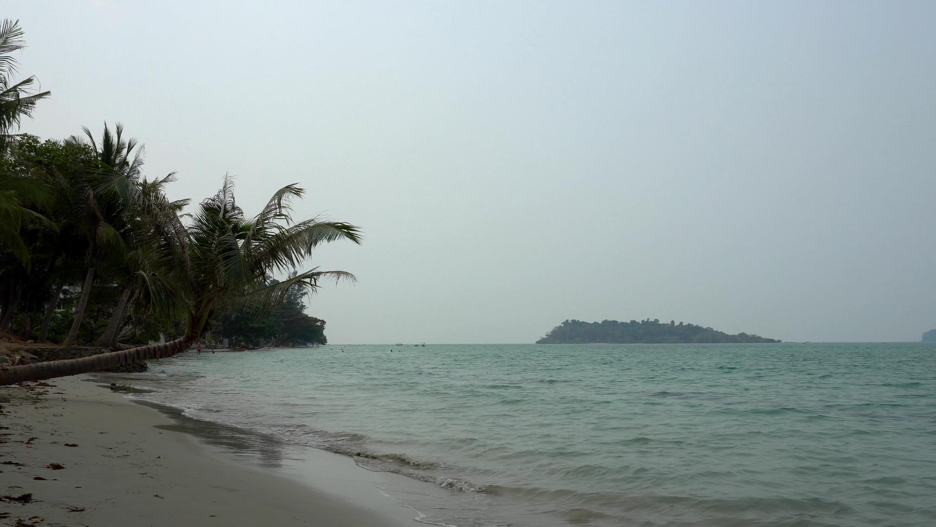 海滩上的所有岛屿都可以看到棕榈树和房屋视频的预览图