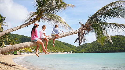 在白色沙滩上玩得开心家人坐在棕榈树上视频的预览图