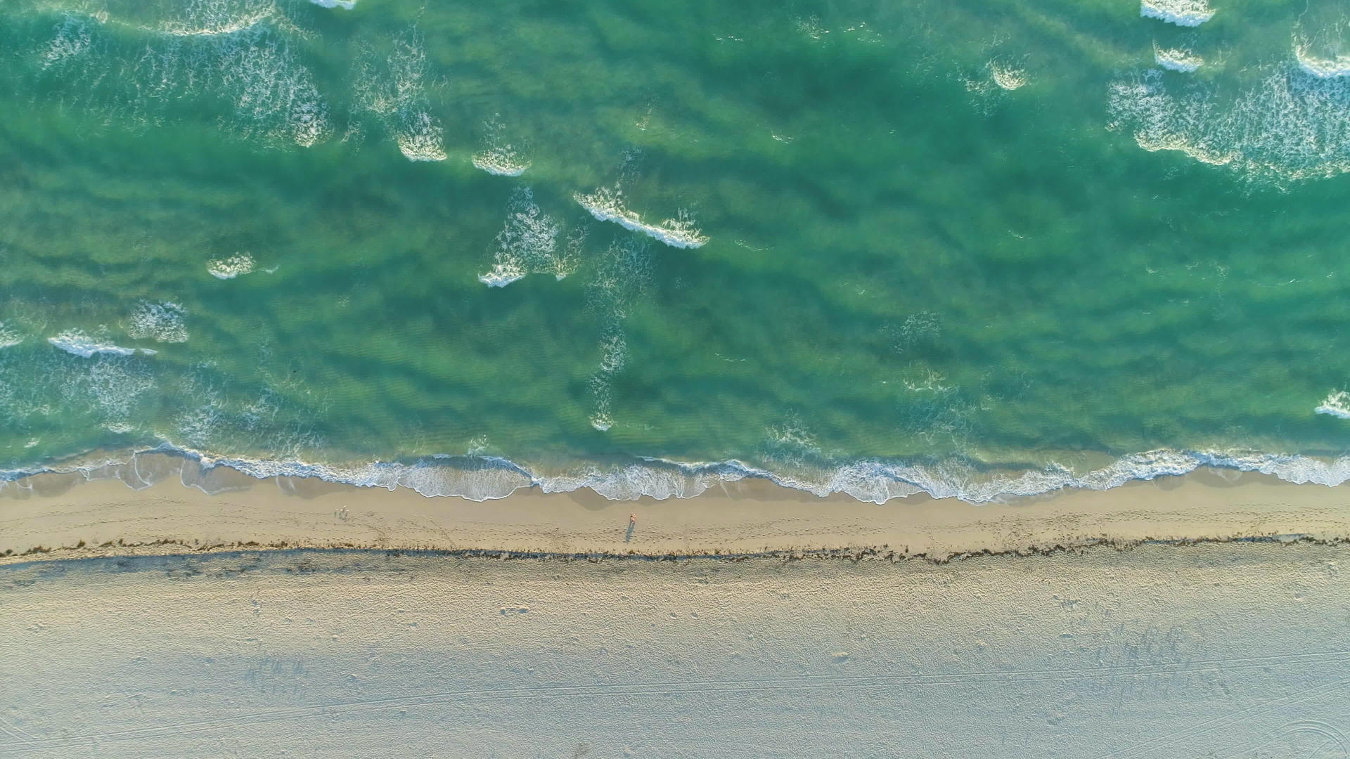 在阳光明媚的清晨海浪和海滩从上到下垂直于空中视频的预览图